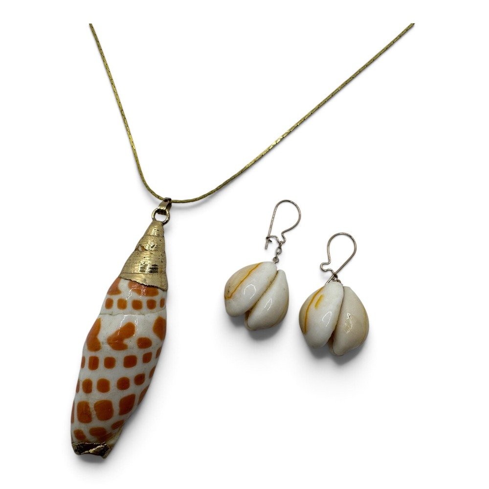 Vintage Natural Cone Shell Pendant Necklace and Cowrie Earrings Jewelry Set Gold